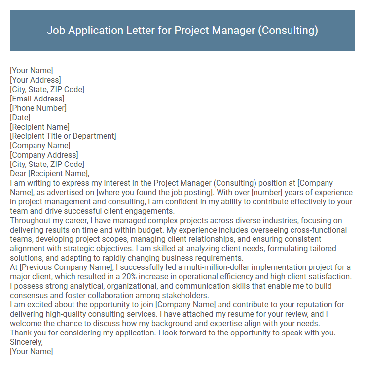 Job Application Letter for Project Manager (Consulting)