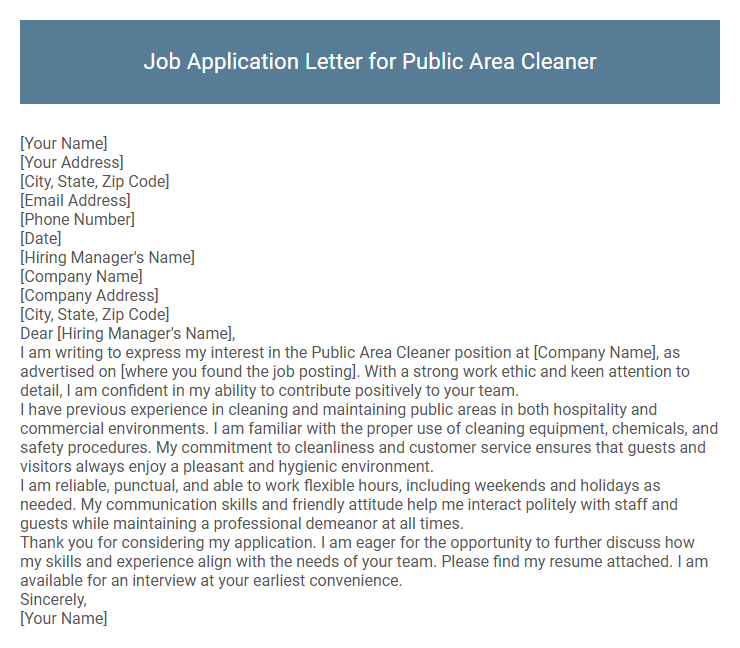 Job Application Letter for Public Area Cleaner
