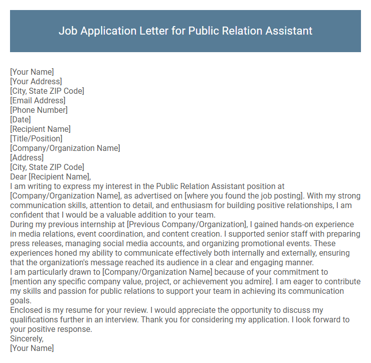 Job Application Letter for Public Relation Assistant