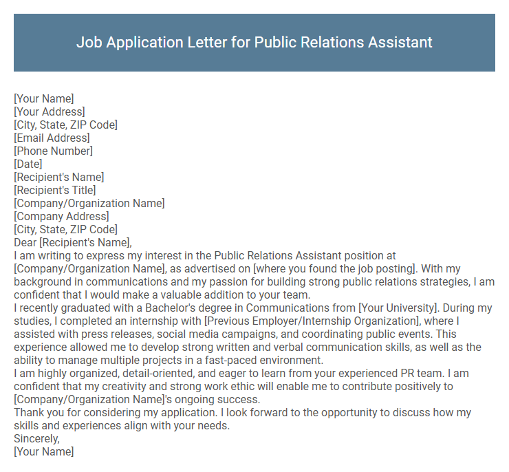 Job Application Letter for Public Relations Assistant