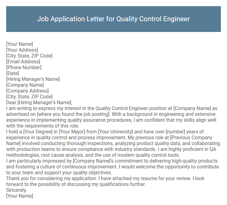 Job Application Letter for Quality Control Engineer