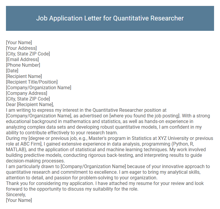 Job Application Letter for Quantitative Researcher