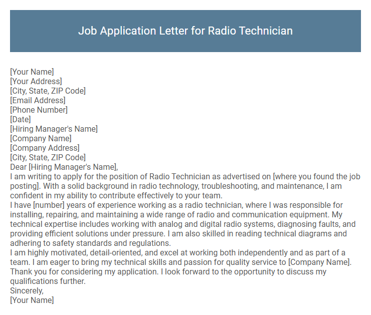 Job Application Letter for Radio Technician