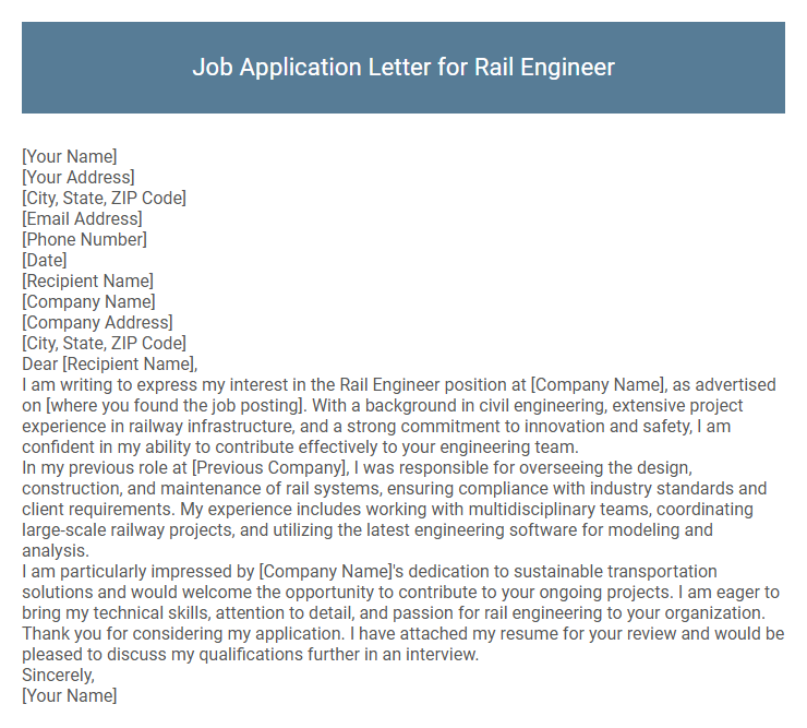 Job Application Letter for Rail Engineer