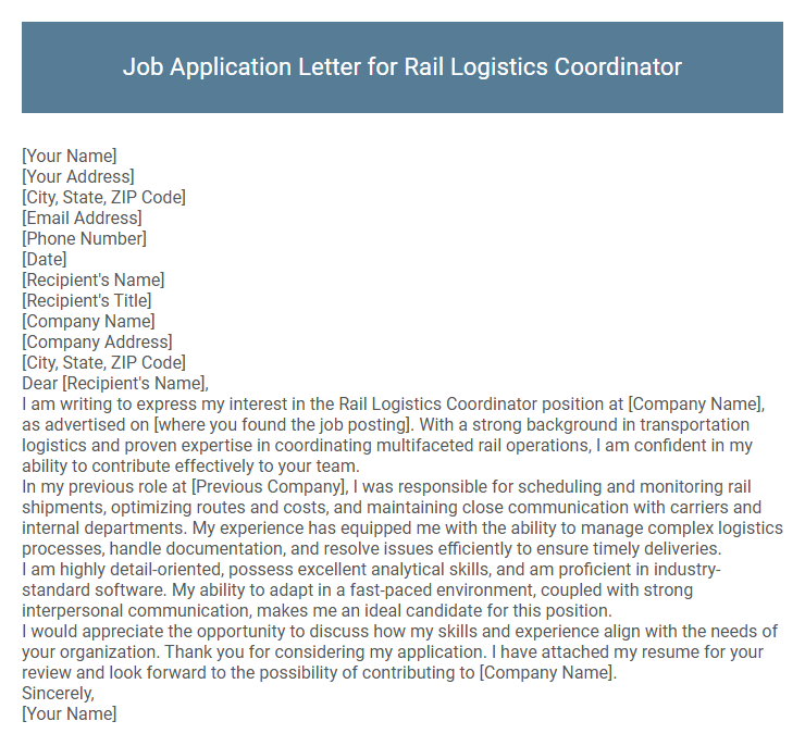 Job Application Letter for Rail Logistics Coordinator