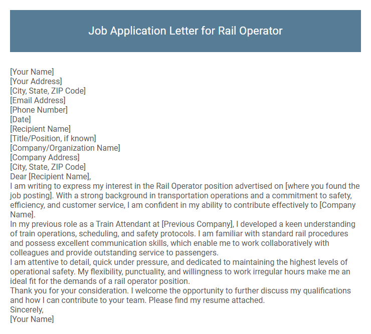 Job Application Letter for Rail Operator