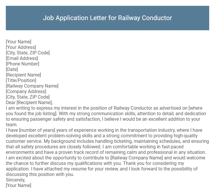 Job Application Letter for Railway Conductor
