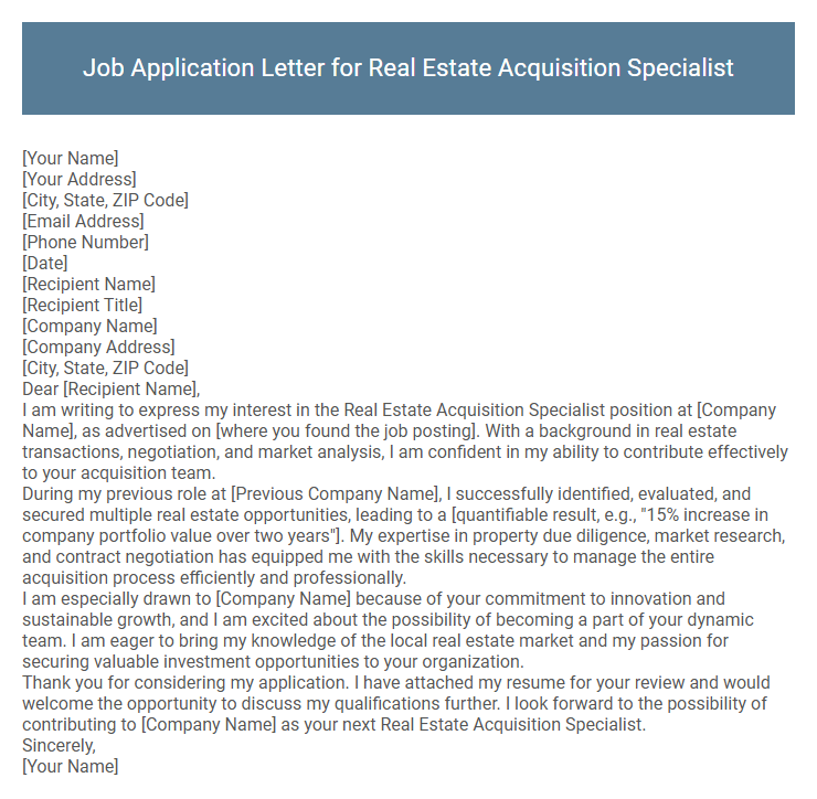 Job Application Letter for Real Estate Acquisition Specialist