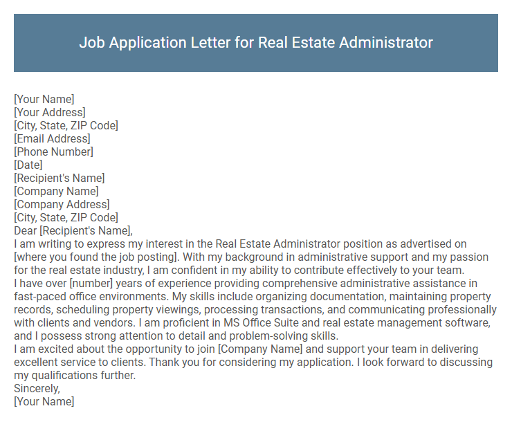 Job Application Letter for Real Estate Administrator