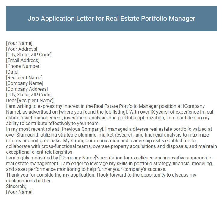 Job Application Letter for Real Estate Portfolio Manager