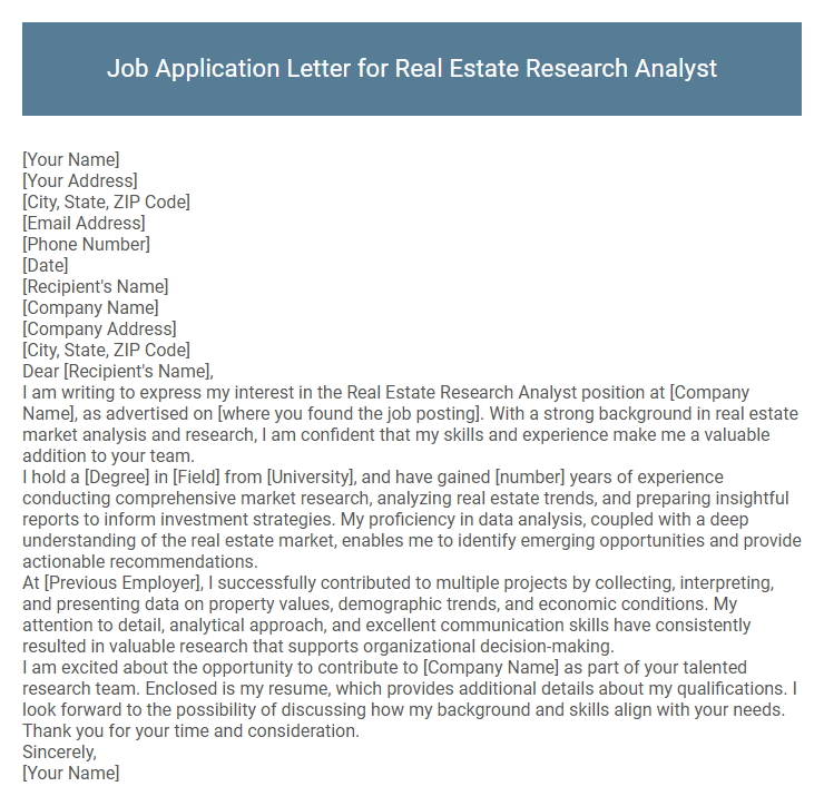Job Application Letter for Real Estate Research Analyst