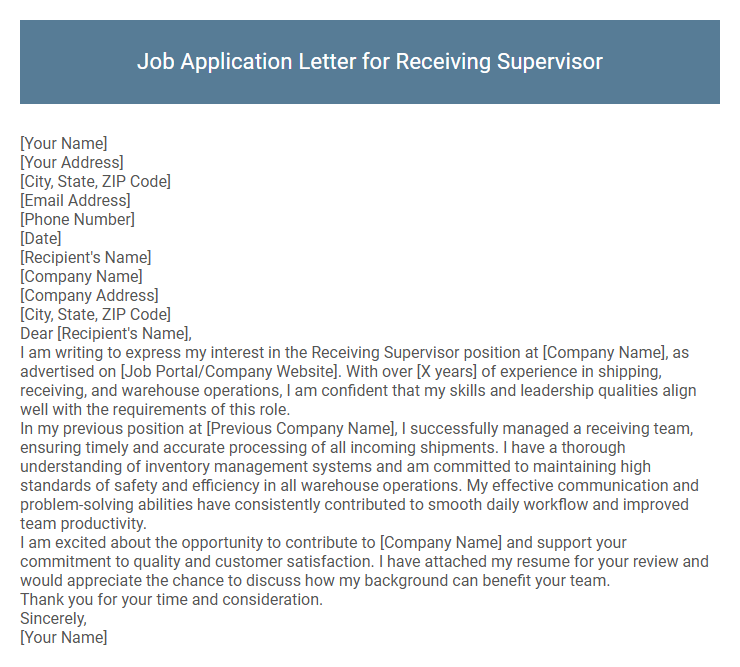 Job Application Letter for Receiving Supervisor