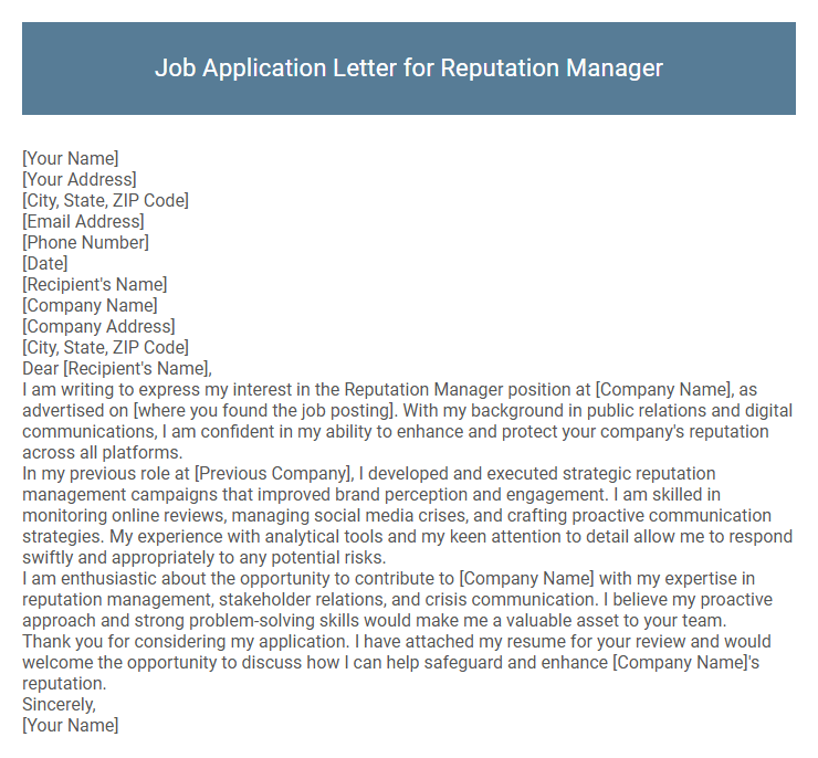 Job Application Letter for Reputation Manager