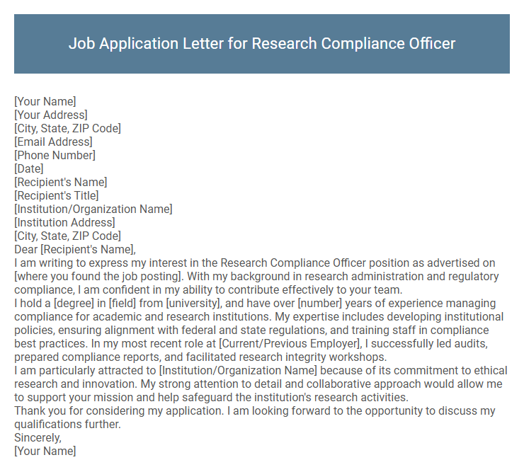 Job Application Letter for Research Compliance Officer