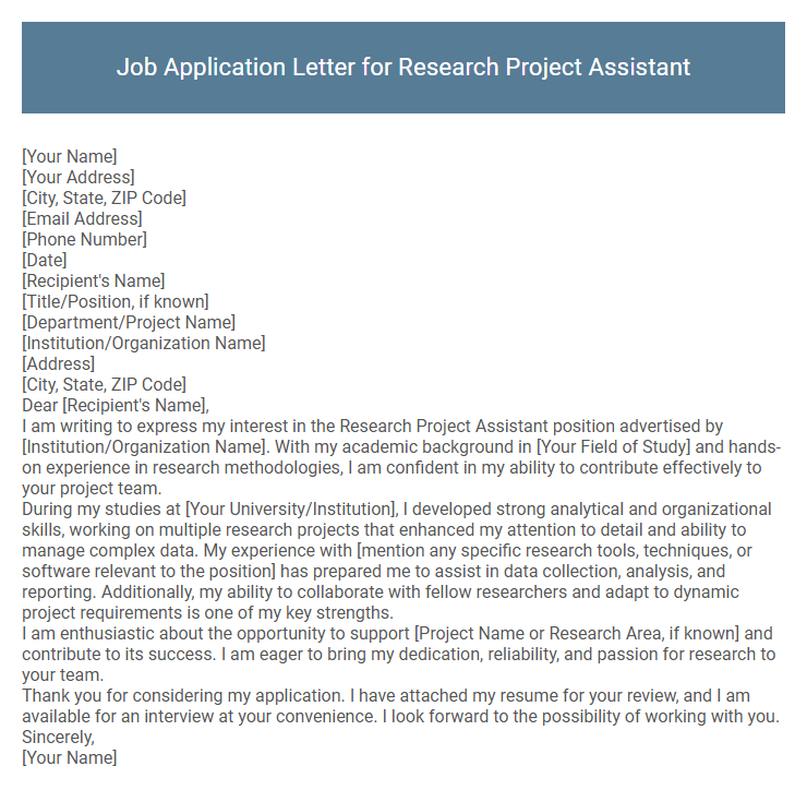 Job Application Letter for Research Project Assistant