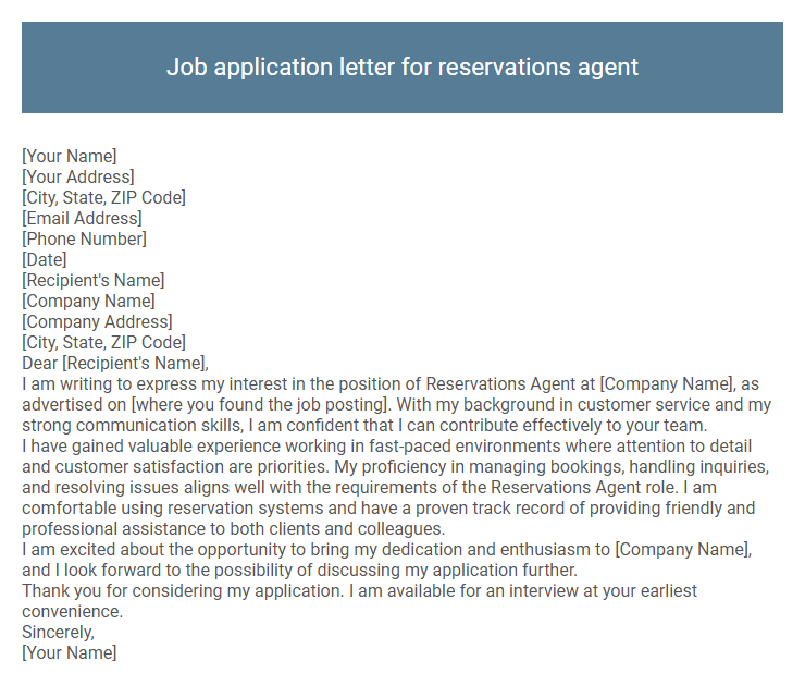 Job application letter for reservations agent