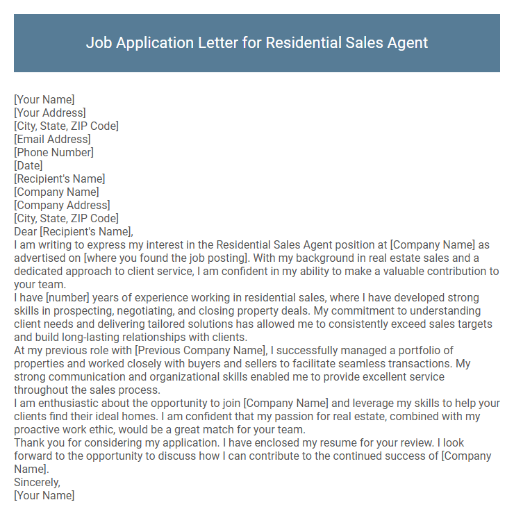 Job Application Letter for Residential Sales Agent