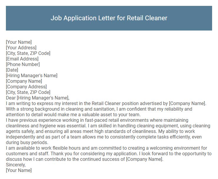 Job Application Letter for Retail Cleaner