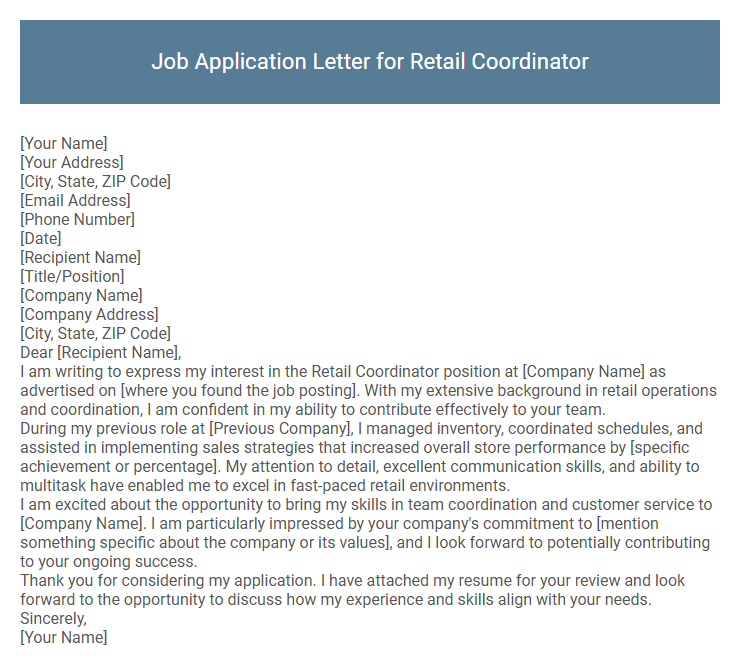 Job Application Letter for Retail Coordinator