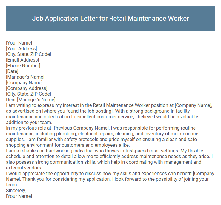 Job Application Letter for Retail Maintenance Worker