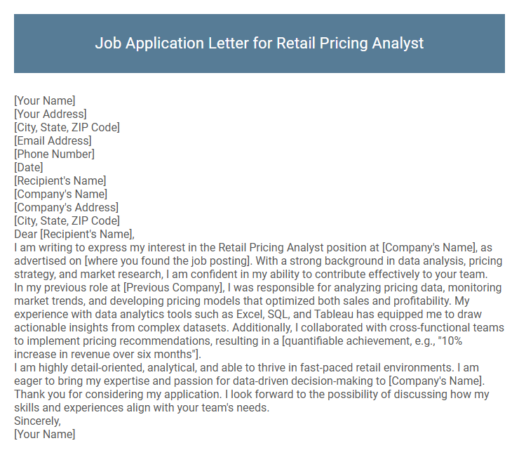 Job Application Letter for Retail Pricing Analyst