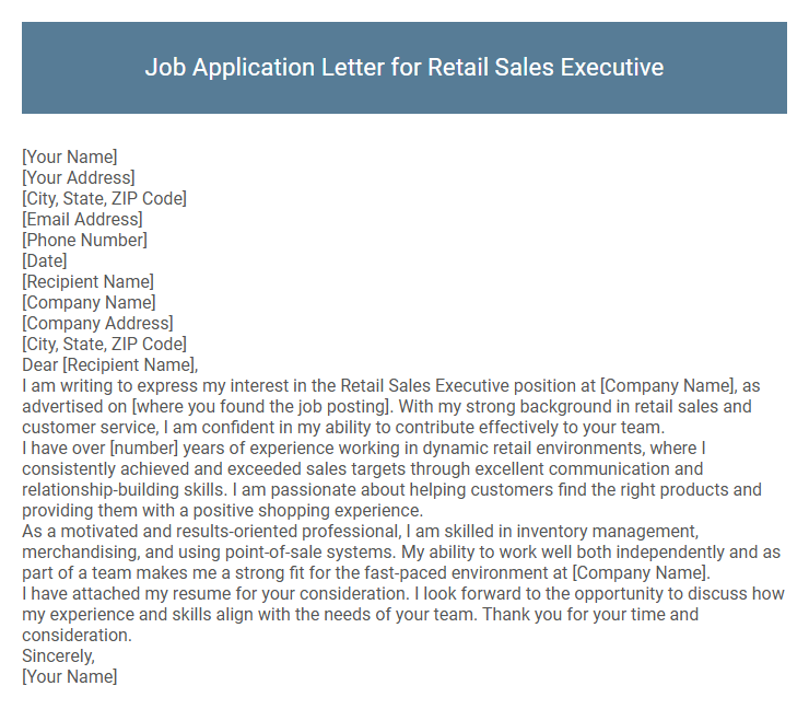 Job Application Letter for Retail Sales Executive