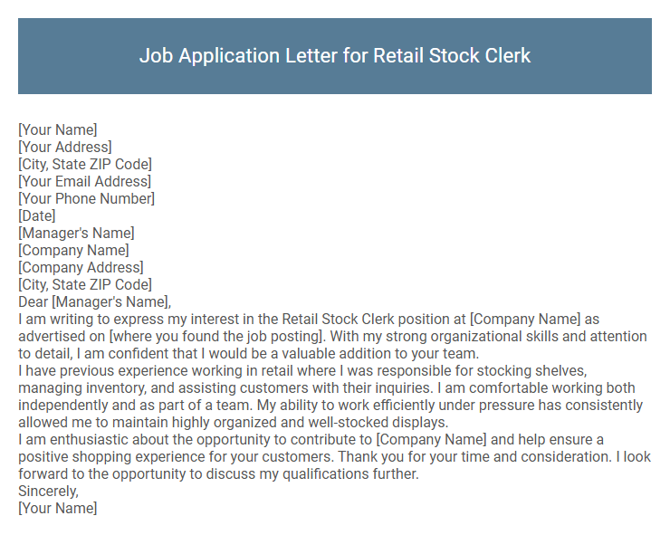 Job Application Letter for Retail Stock Clerk