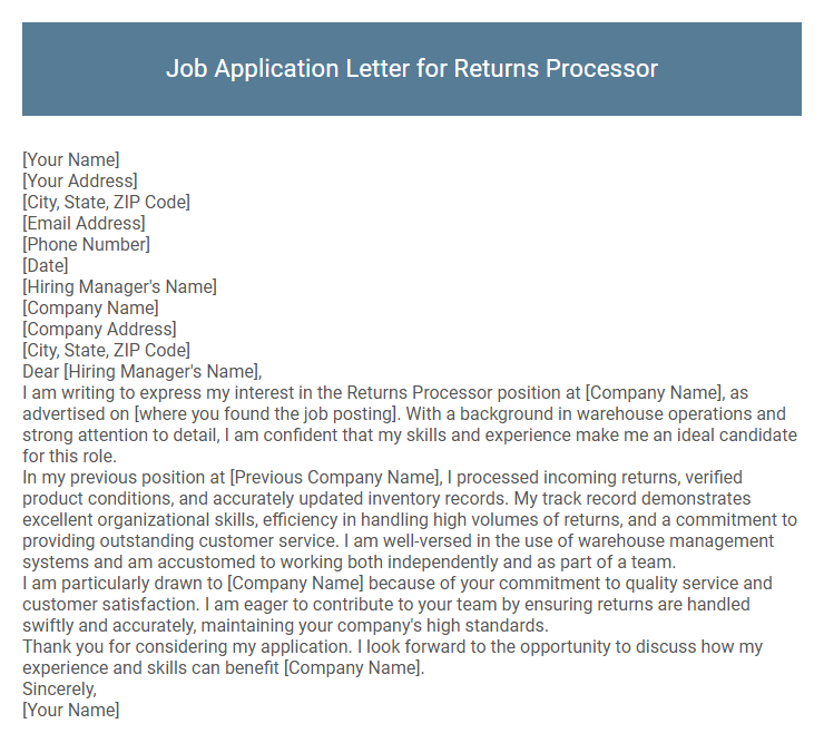 Job Application Letter for Returns Processor