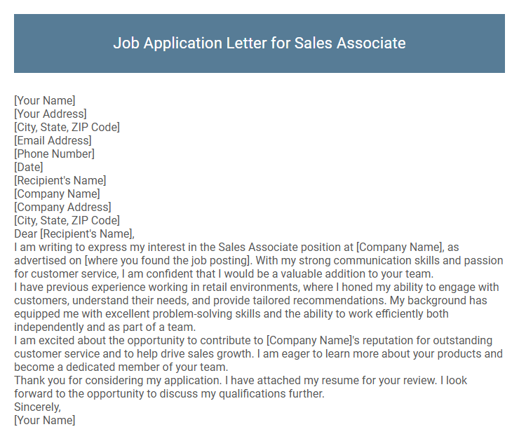 Job Application Letter for Sales Associate