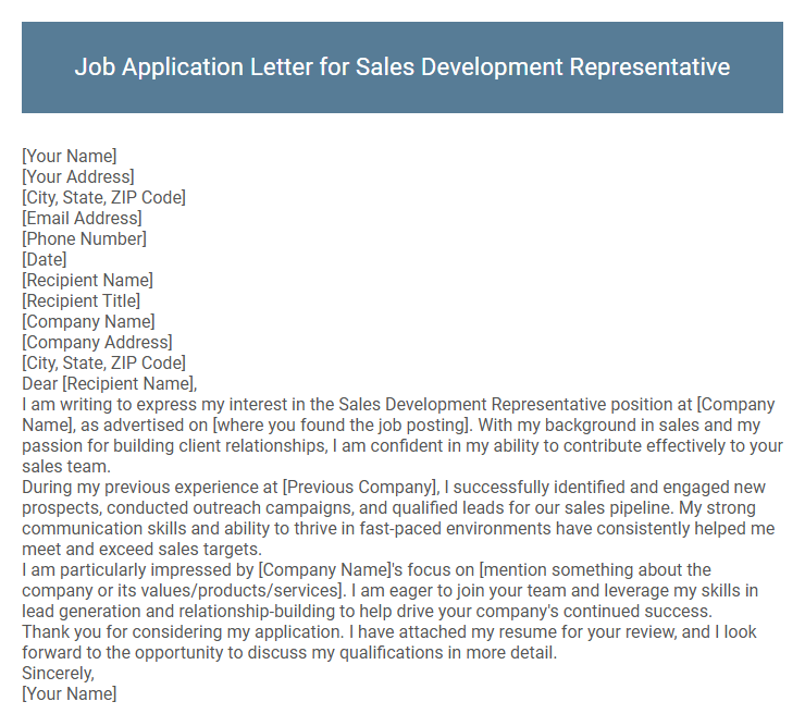 Job Application Letter for Sales Development Representative