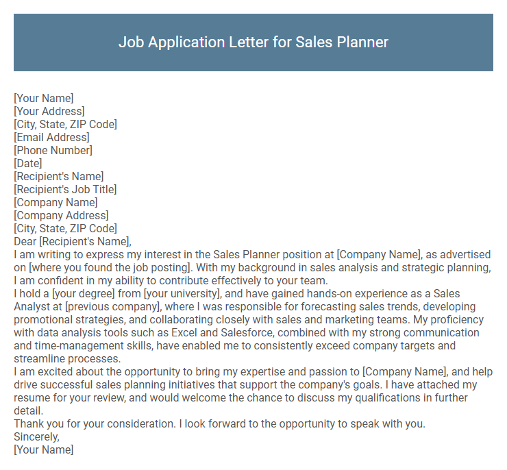 Job Application Letter for Sales Planner