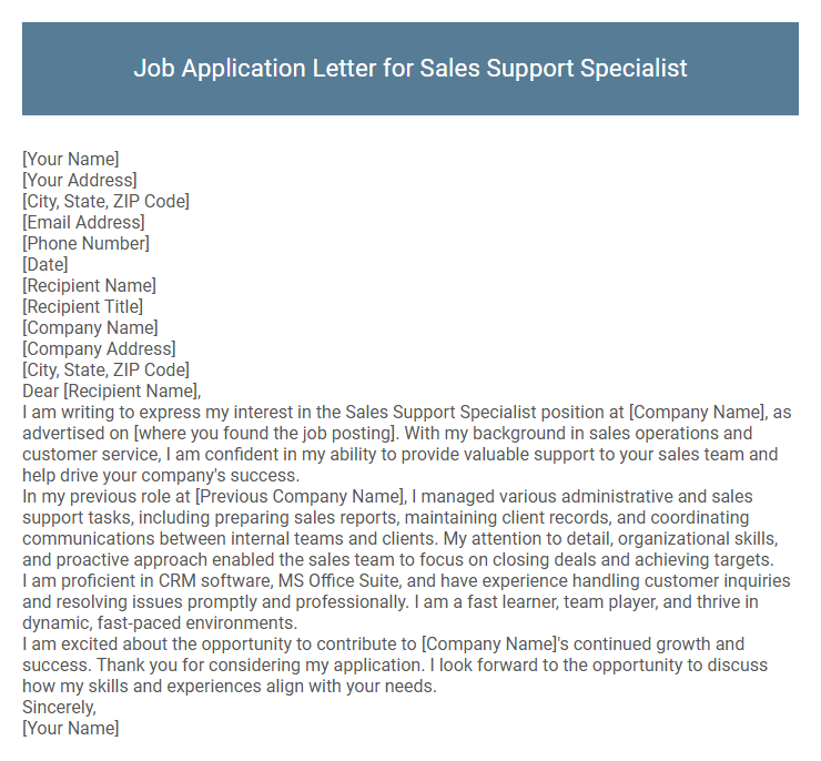 Job Application Letter for Sales Support Specialist