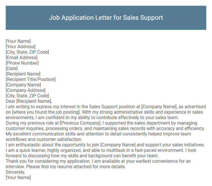 Job Application Letter for Sales Support