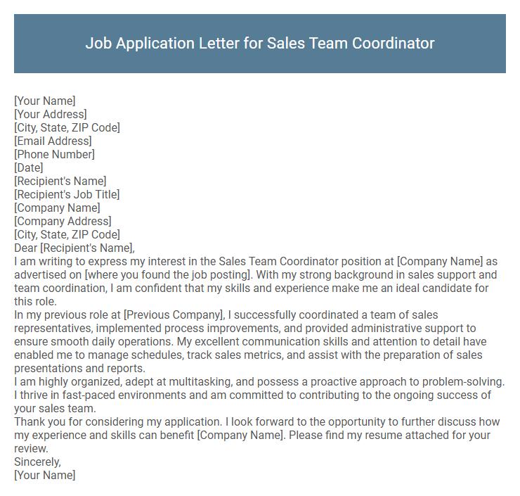 Job Application Letter for Sales Team Coordinator