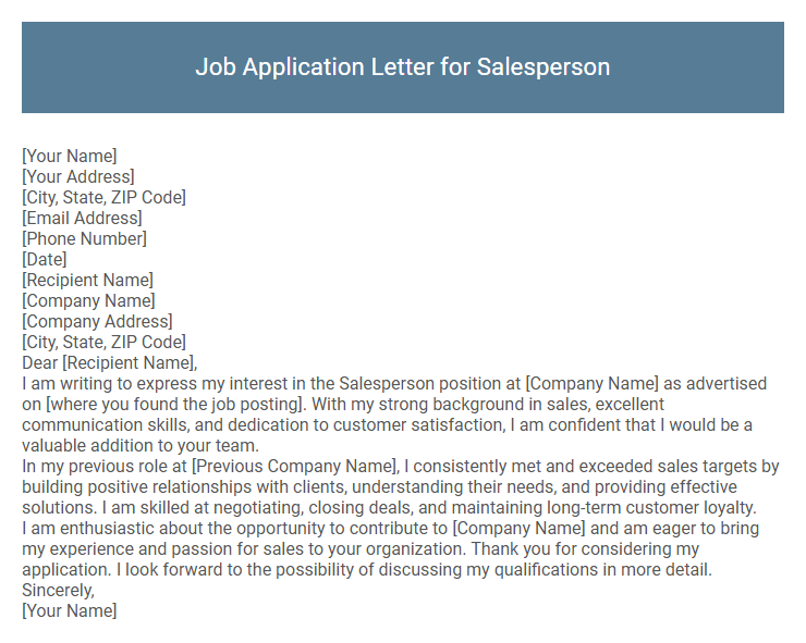 Job Application Letter for Salesperson