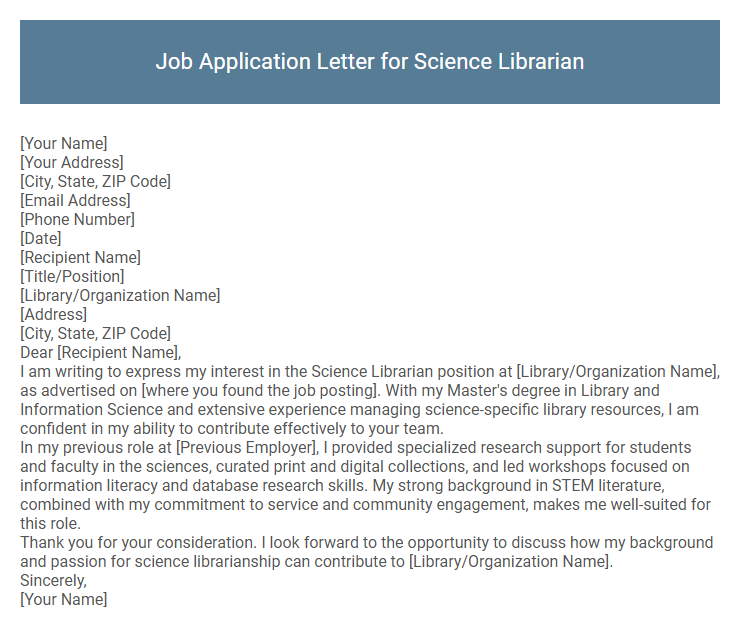 Job Application Letter for Science Librarian