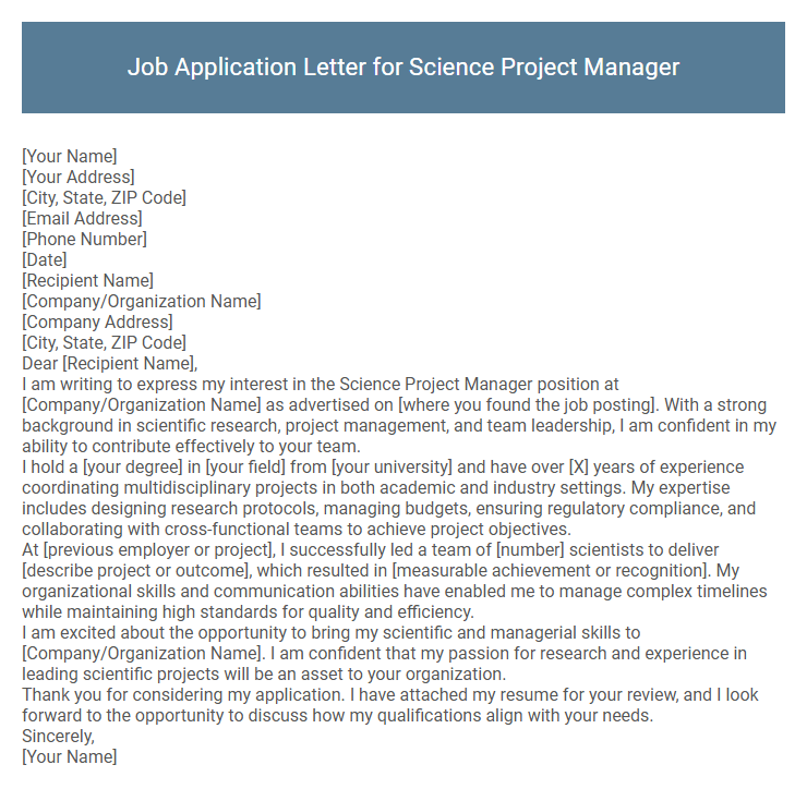 Job Application Letter for Science Project Manager