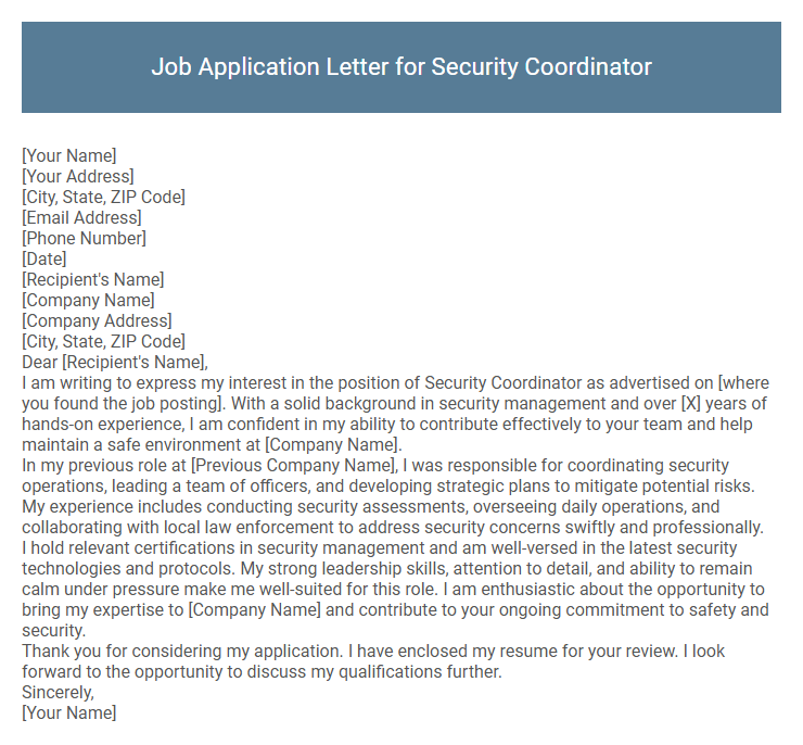 Job Application Letter for Security Coordinator
