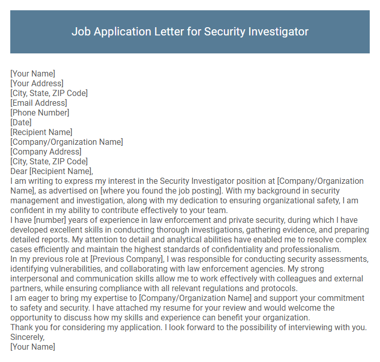 Job Application Letter for Security Investigator