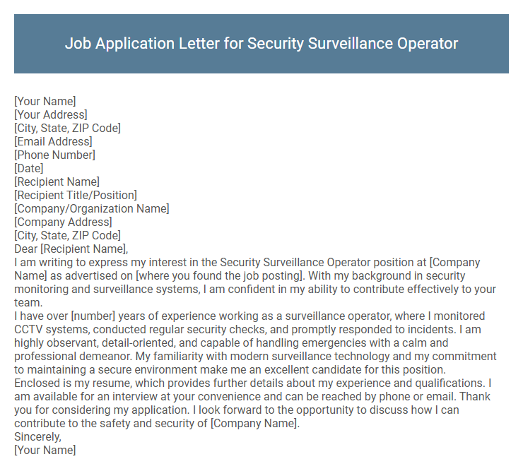 Job Application Letter for Security Surveillance Operator