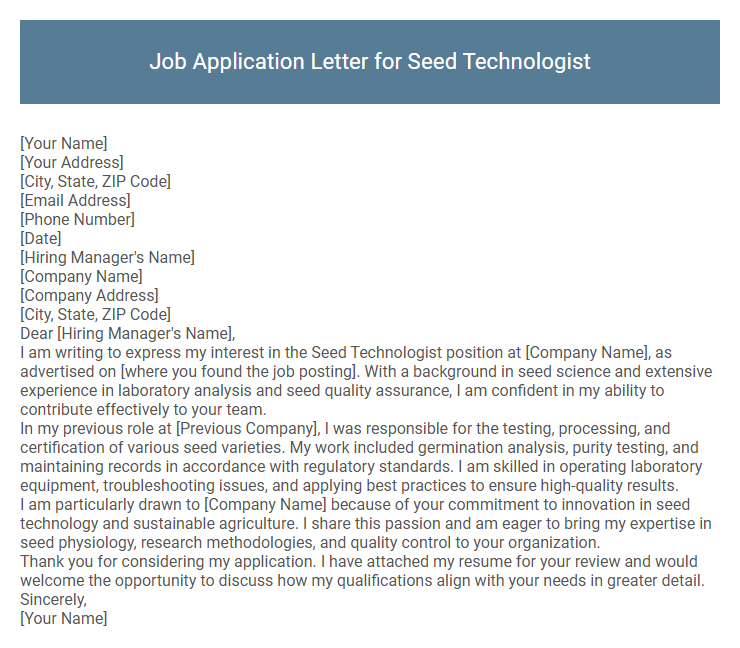 Job Application Letter for Seed Technologist