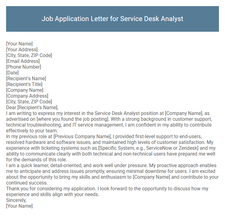 Job Application Letter for Service Desk Analyst
