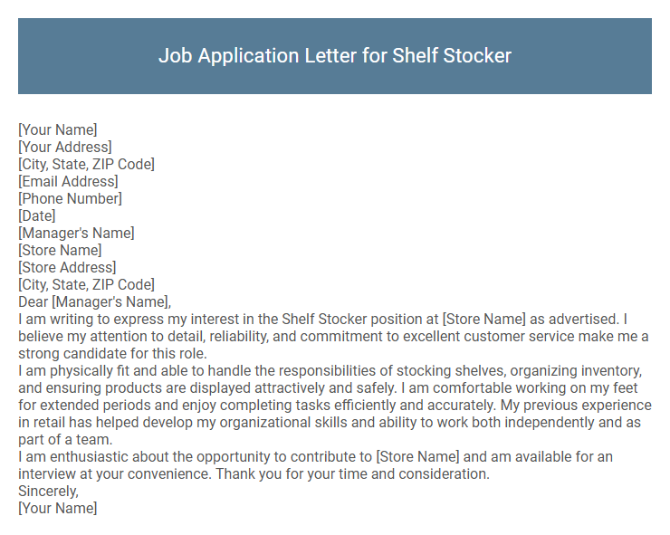 Job Application Letter for Shelf Stocker