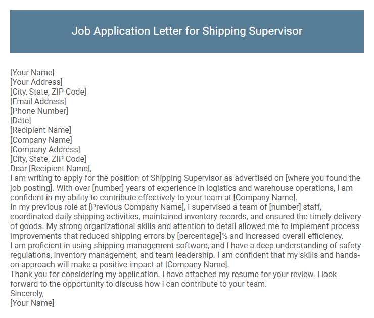 Job Application Letter for Shipping Supervisor