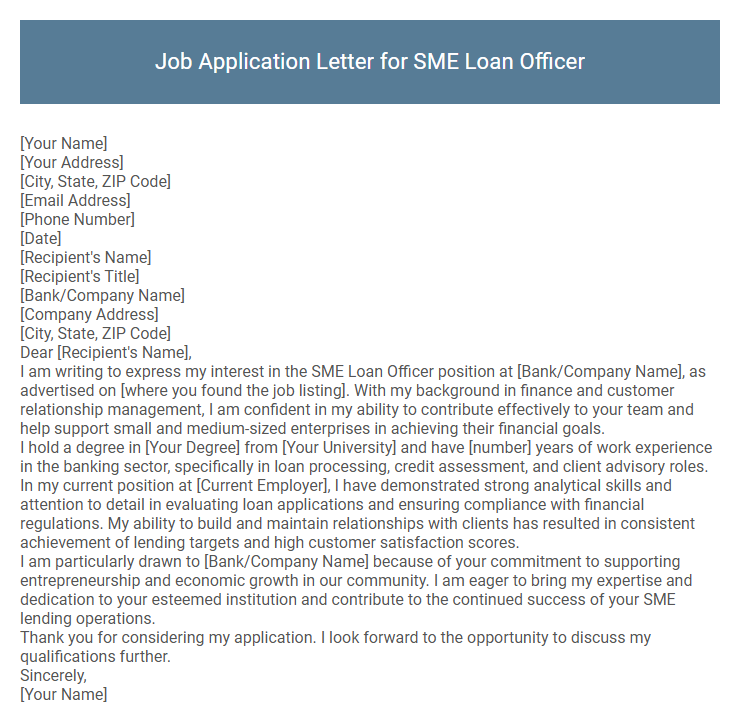 Job Application Letter for SME Loan Officer