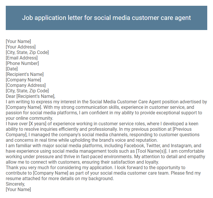 Job application letter for social media customer care agent