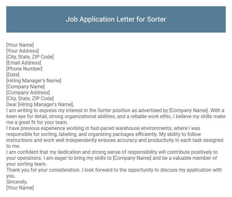 Job Application Letter for Sorter