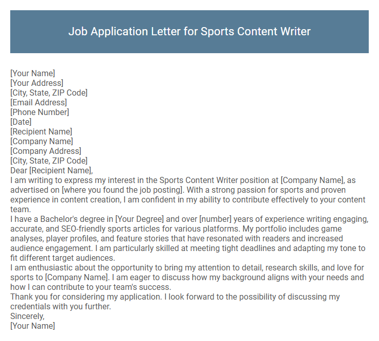 Job Application Letter for Sports Content Writer