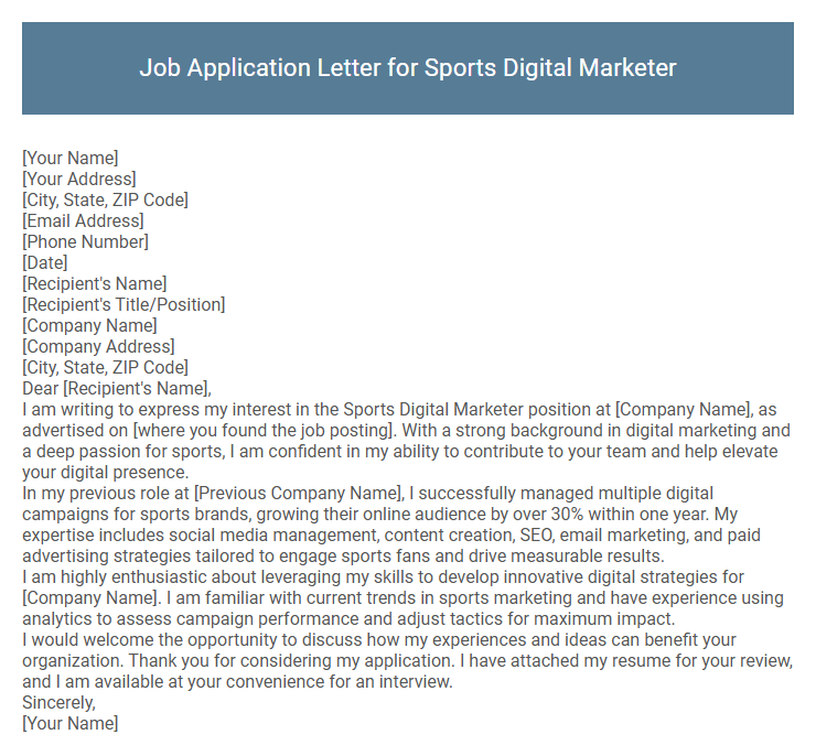 Job Application Letter for Sports Digital Marketer