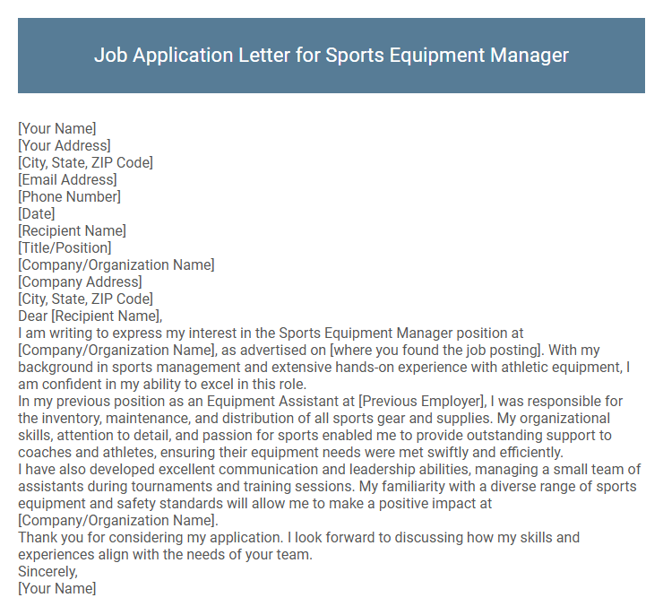 Job Application Letter for Sports Equipment Manager